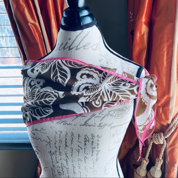 Chiffon Hawaiian White Paisley Print Brown Pink Border Sheer Neck Purse Scarf OS - Picture 7 of 16